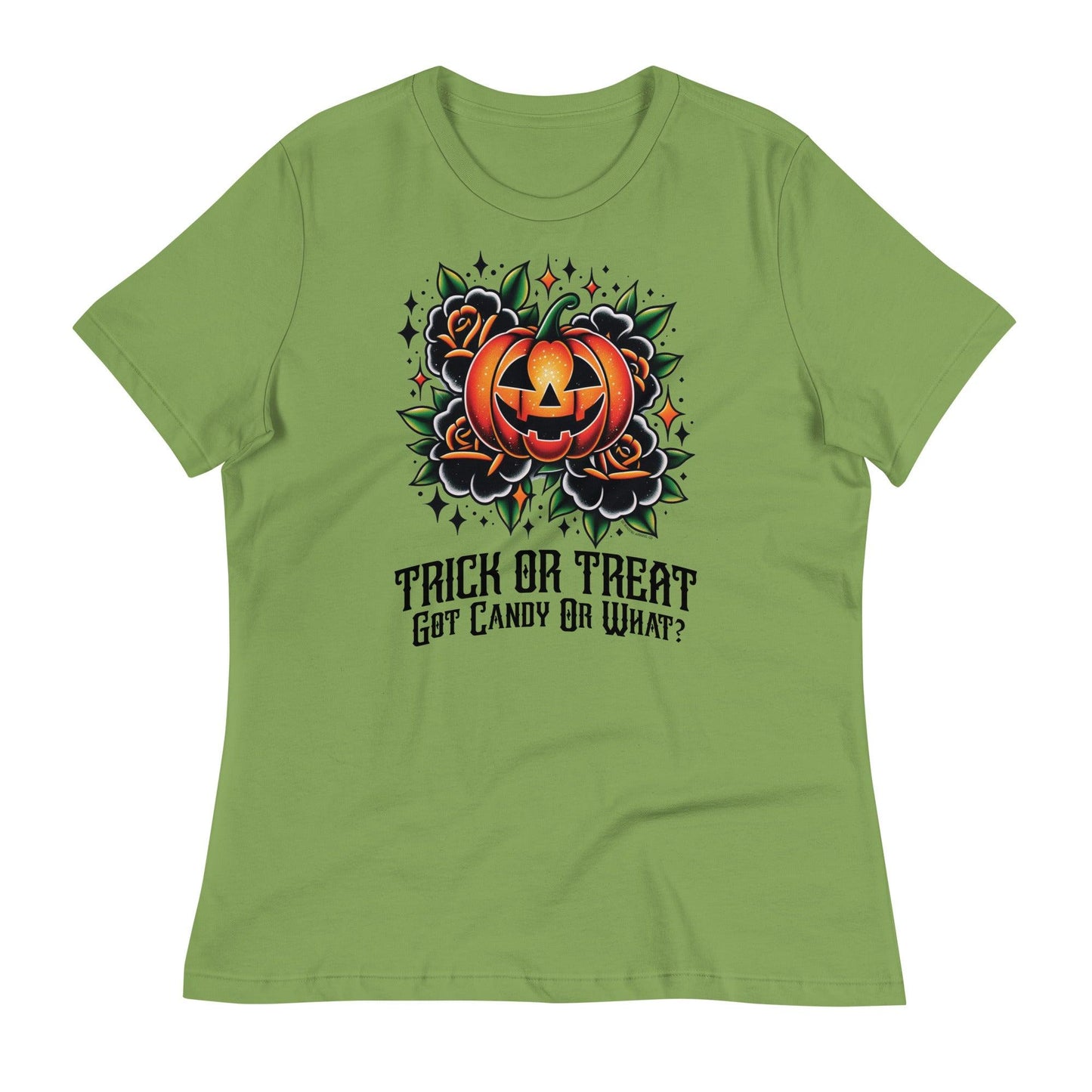 Women's relaxed fit t-shirt in Leaf Green showcasing a 'Trick or Treat, Got Candy Or What?' design with a colorful jack-o'-lantern and floral details.