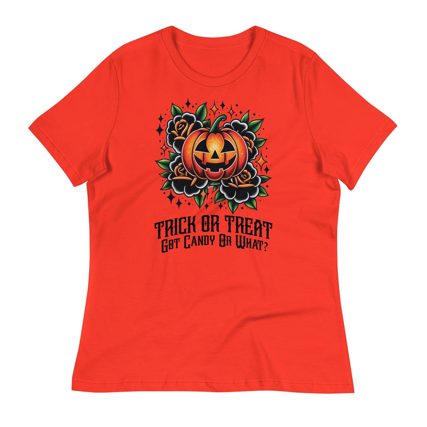 Women's relaxed fit t-shirt in Poppy Red featuring a 'Trick or Treat, Got Candy Or What?' graphic with a jack-o'-lantern and floral accents.