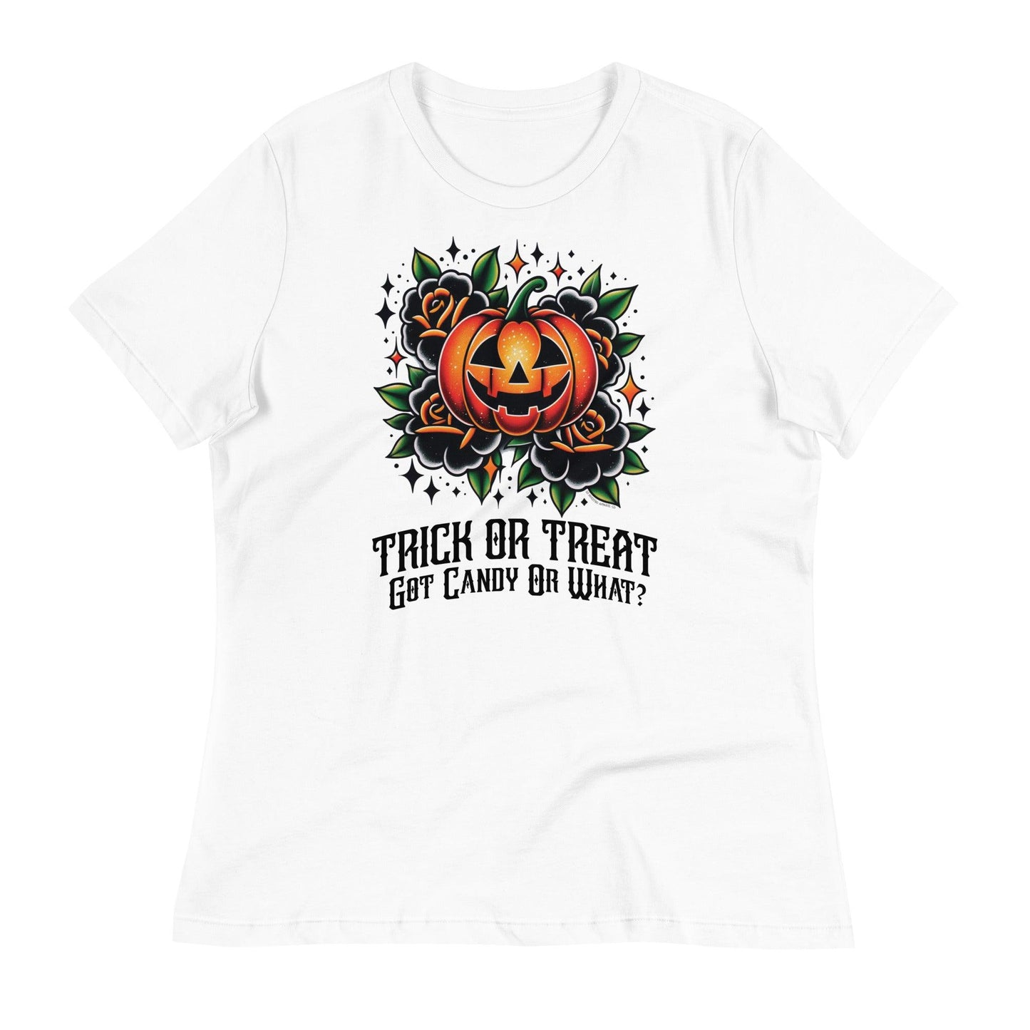 Women's relaxed fit t-shirt in White with a 'Trick or Treat, Got Candy Or What?' design, including a jack-o'-lantern and floral artwork.