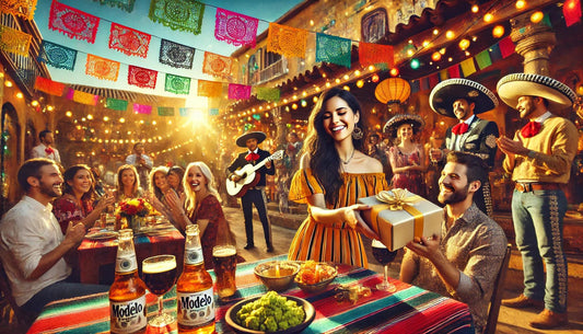 Mexican woman giving gifts at a lively summer party on a Mexican patio, with colorful decorations, dark beer bottles, guacamole, and a mariachi band playing in the background.