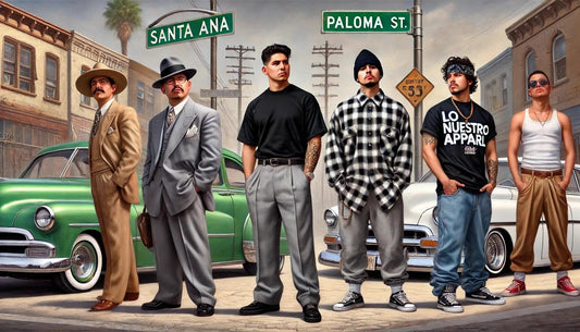 Evolution of Chicano fashion featuring men in Pachucos zoot suits, modern Chicano streetwear, and Cholo style outfits. Highlighting Chicano culture and pride with Lo Nuestro Apparel Co designs in a vintage neighborhood setting.