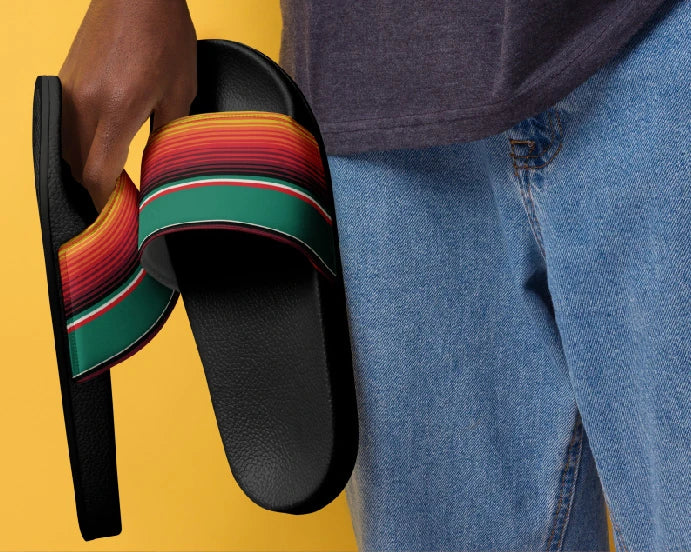 "Men’s Serape Style Slides with colorful serape pattern on robust faux leather."