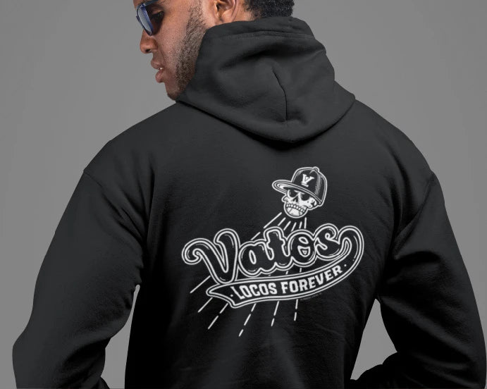 Black hoodie with "Vatos Locos Forever" front and back print, stylish Chicano apparel.