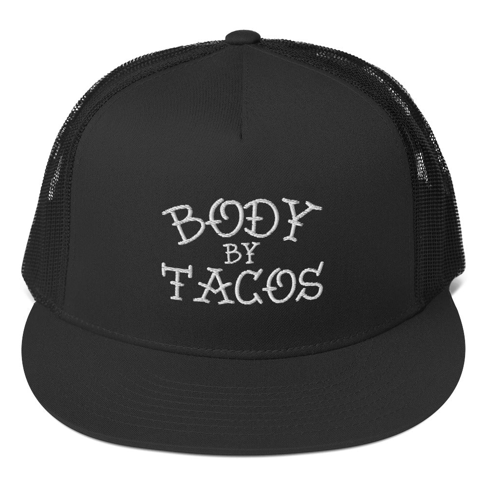 Black Body by Tacos trucker snapback with white text, featuring a flat bill and adjustable snapback closure.