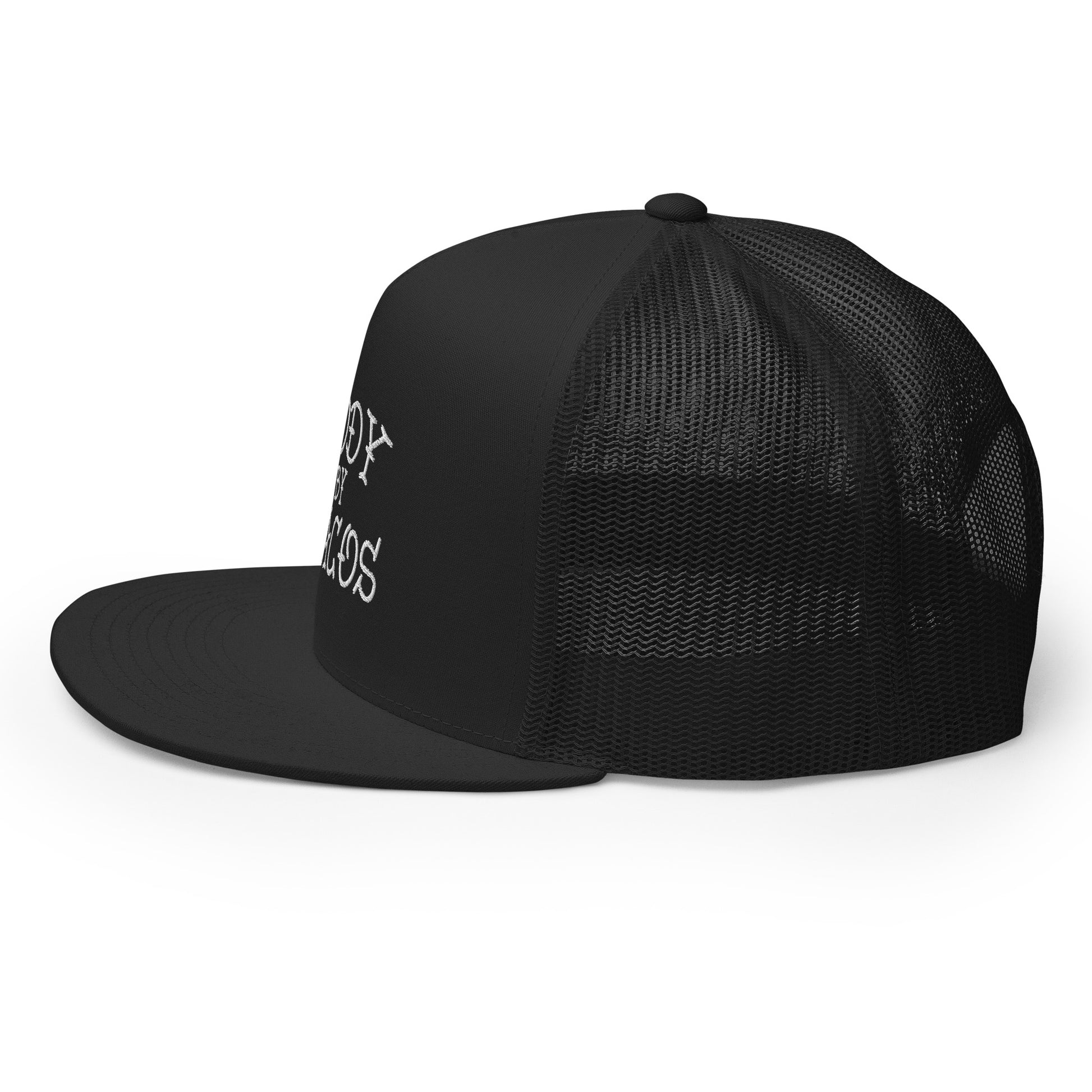 Black Body by Tacos trucker snapback with white text, featuring a flat bill and adjustable snapback closure.