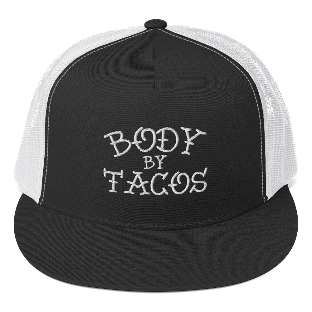 Black/White Body by Tacos trucker snapback, showing the structured five-panel high-profile design.