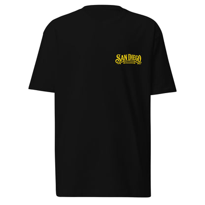Front of the San Diego Lowrider Plaque T-shirt on a white background featuring the classic plaque-inspired front design.