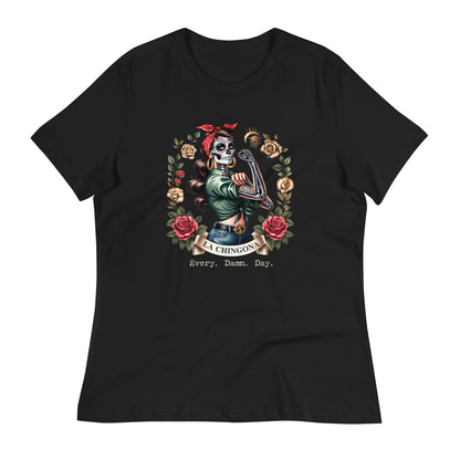 Lay flat black tshirt with La Chingona, Every Damn Day design. Showing off the best in Chicano Clothing and Funny Shirts.