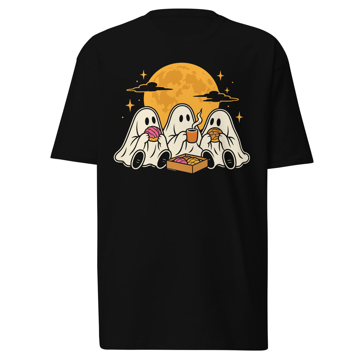 Black graphic t-shirt featuring three cute white ghosts enjoying Mexican pan dulce and cafecito beneath a golden full moon.