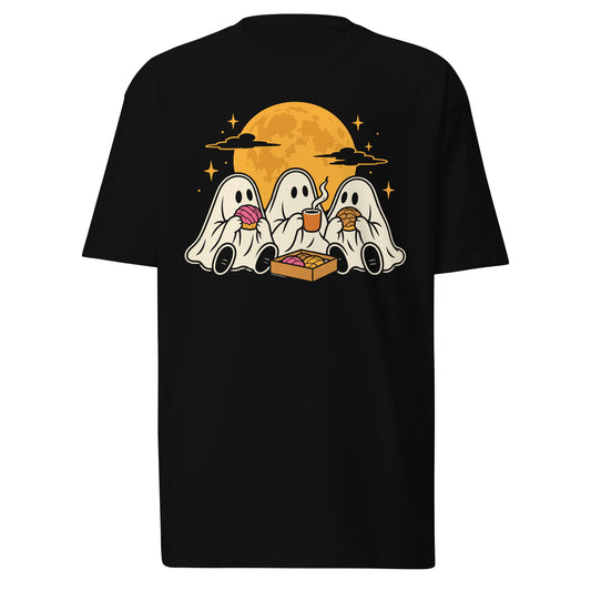 Black graphic t-shirt featuring three cute white ghosts enjoying Mexican pan dulce and cafecito beneath a golden full moon.