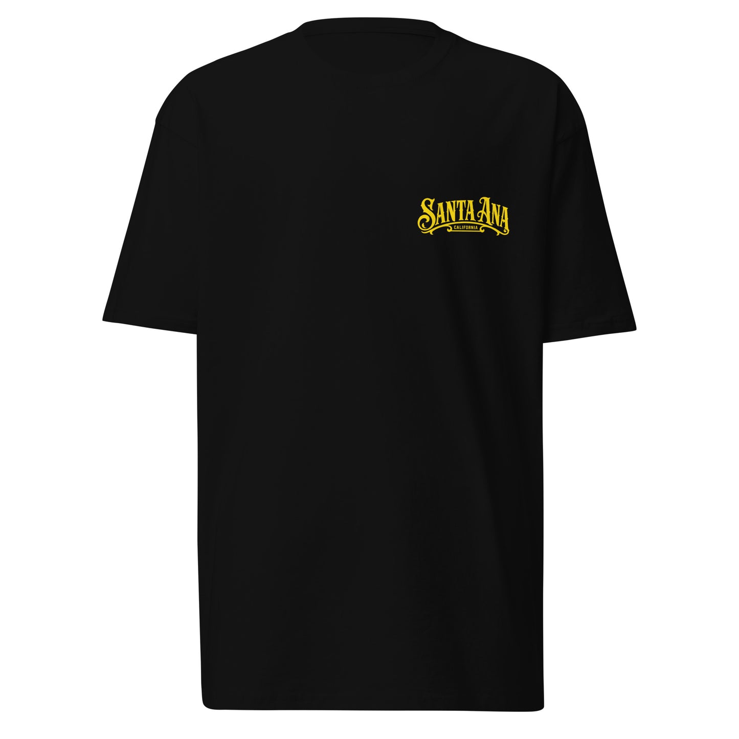 Front view of the Santa Ana Plaque t-shirt on a white background featuring the front chest print with classic lowrider plaque inspired lettering.
