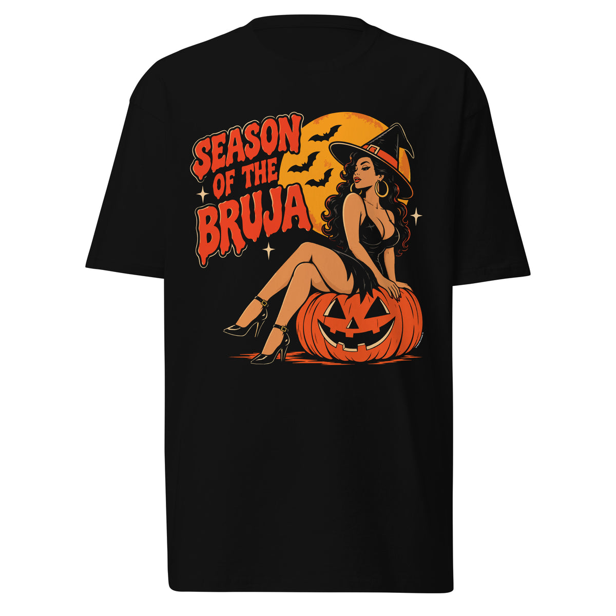 Product mockupSeason of the Bruja Chicana Halloween black t-shirt with vintage witch, full moon and jack-o-lantern design