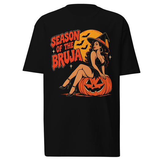 Product mockupSeason of the Bruja Chicana Halloween black t-shirt with vintage witch, full moon and jack-o-lantern design