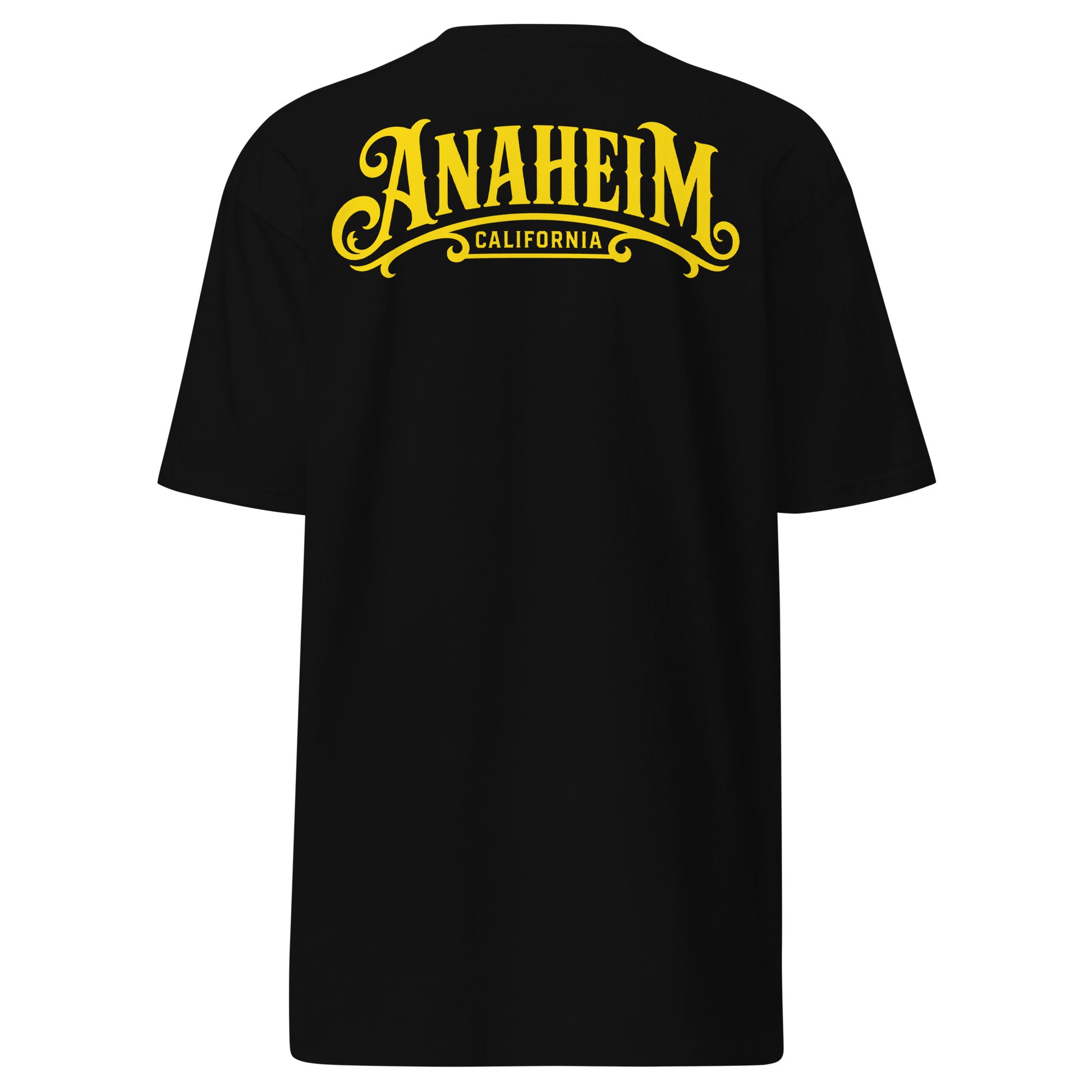 Back view of black Anaheim Plaque T-shirt featuring Anaheim California plaque-inspired artwork on white background.