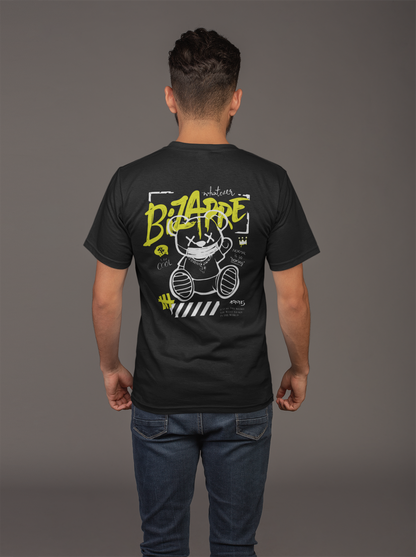 Back view of a black t-shirt featuring a graffiti-inspired design with a bear, neon yellow and white text, and bold street art details, modeled by a young man.