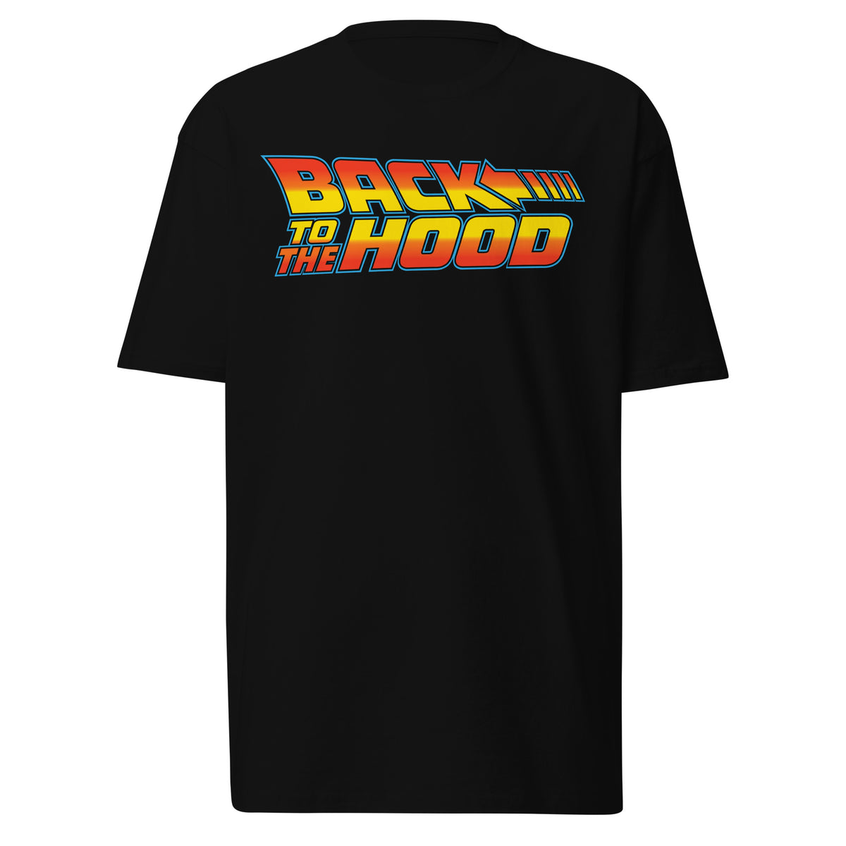 Back to the Hood black Chicano T-shirt featuring a retro time travel inspired graphic design