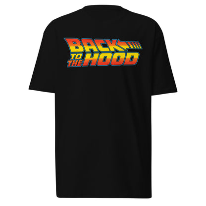 Back to the Hood black Chicano T-shirt featuring a retro time travel inspired graphic design