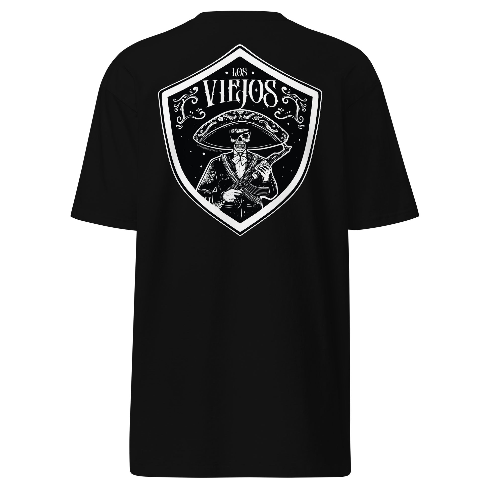 Back view of black Los Viejos T-shirt featuring a detailed skeleton in a sombrero design. Funny Mexican Shirts and Chicano lothing is what Lo Nuestro Apparel does best.