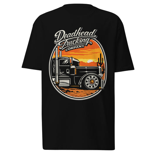 Black trucker t-shirt displayed on a white background, front view, minimalist apparel product image