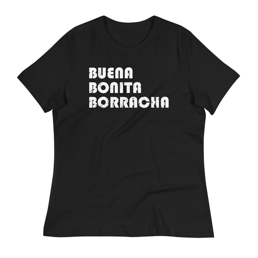 A wrinkled tshirt with the Buena Bonita Borracha distressed text in white. Part of our funny shirts line.