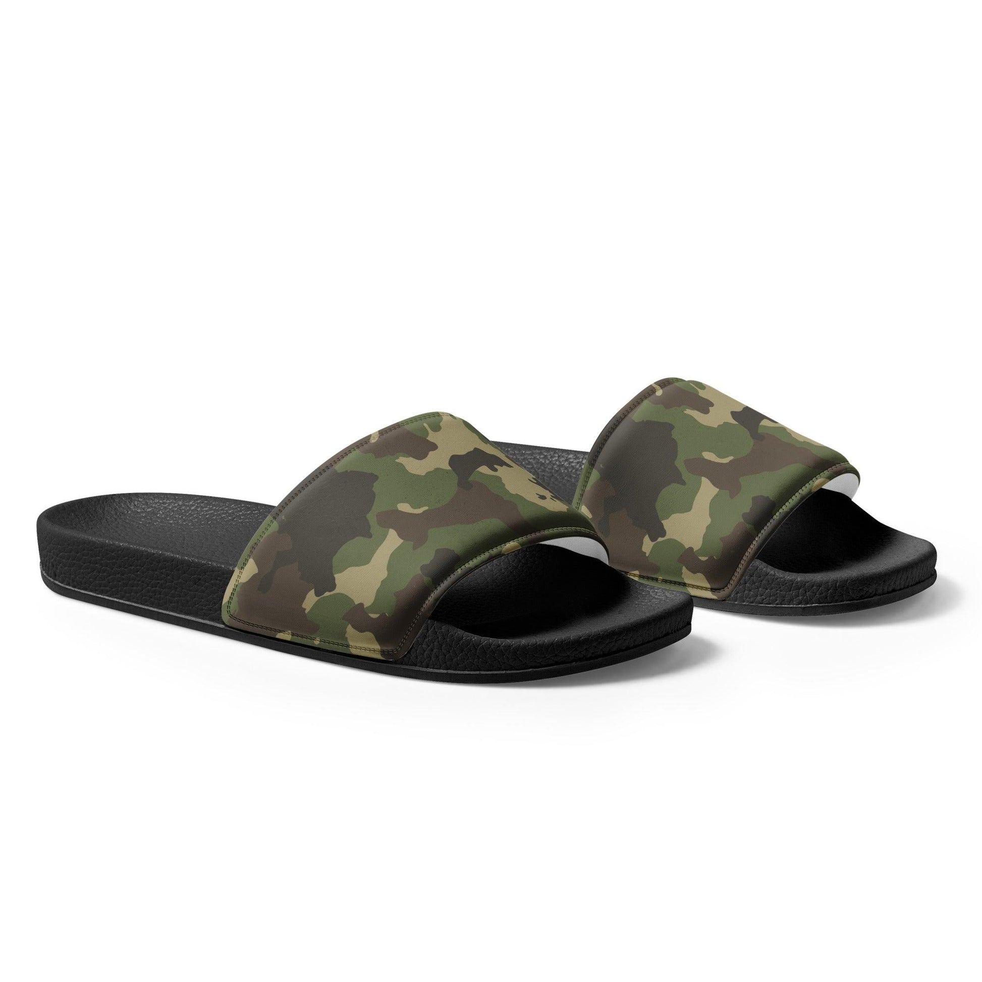 Men’s camo slide sandals with durable faux leather upper and cushioned sole. Lightweight and perfect for everyday wear.