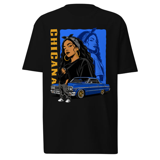 Front of the Chicana Bootleg Tee on a white background featuring a Chicana portrait, blue Impala lowrider, and vintage bootleg graphic.