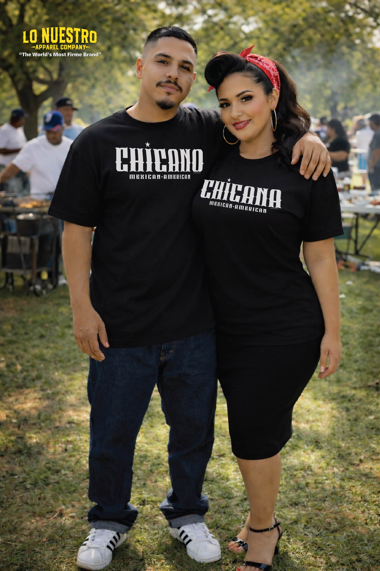 Latino couple at park barbecue wearing blank black t shirts lifestyle mockup for streetwear graphic tee