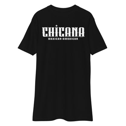 Chicana Mexican American black t shirt flat lay sleeves spread out on white background front view