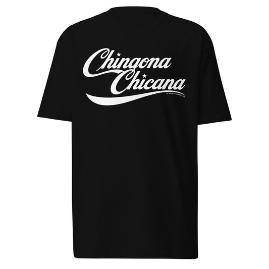 Black Chingona Chicana t-shirt with clean script graphic design shown on a white background, premium heavyweight cotton relaxed fit tee
