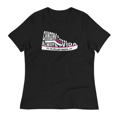 Chingona Por Vida Chicana t-shirt on a white background. Bold sneaker-inspired design made for mujeres who stay firme.