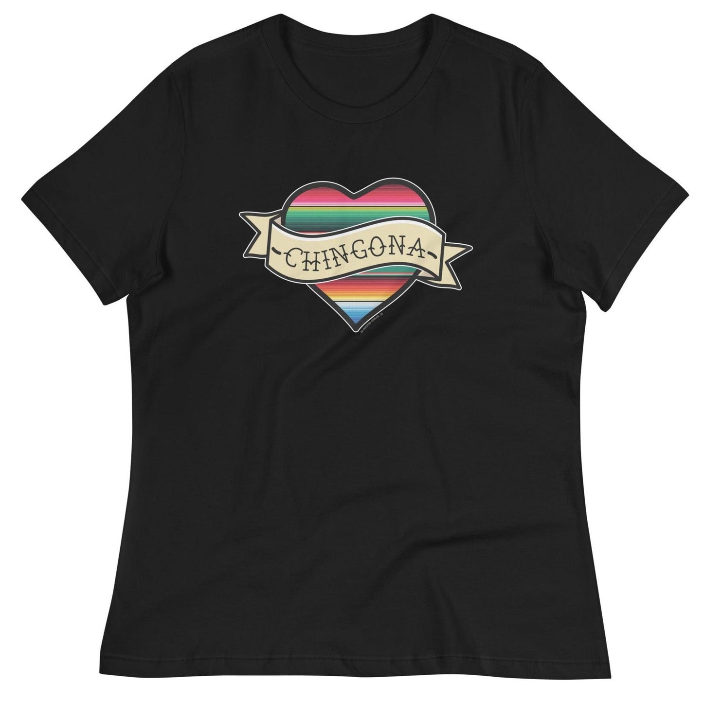 Black Chingona t-shirt featuring a vibrant serape heart design with a bold banner.