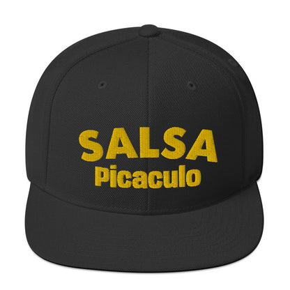 Black snapback hat with "Salsa Picaculo" text in yellow, featuring a flat bill and adjustable snapback closure.