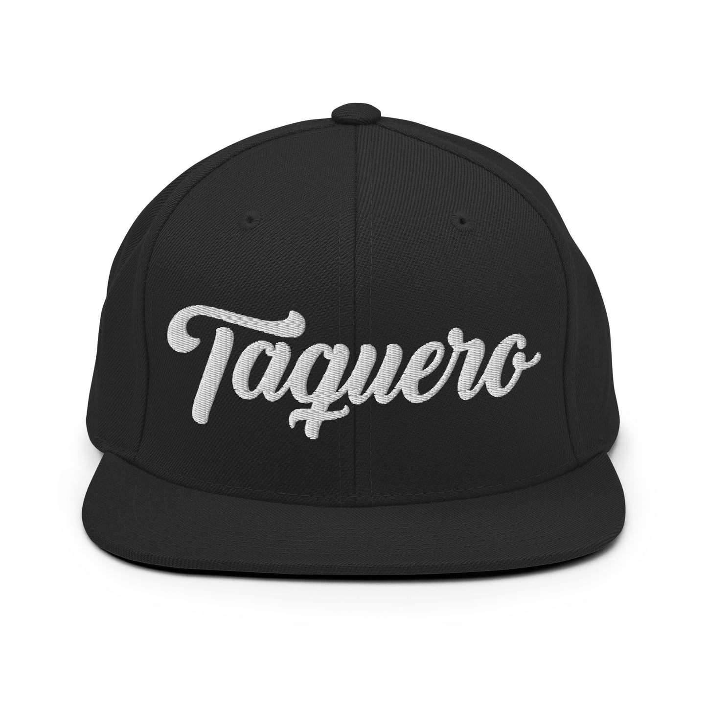 Black snapback hat with "Taquero" text in white, featuring a flat bill and adjustable snapback closure.