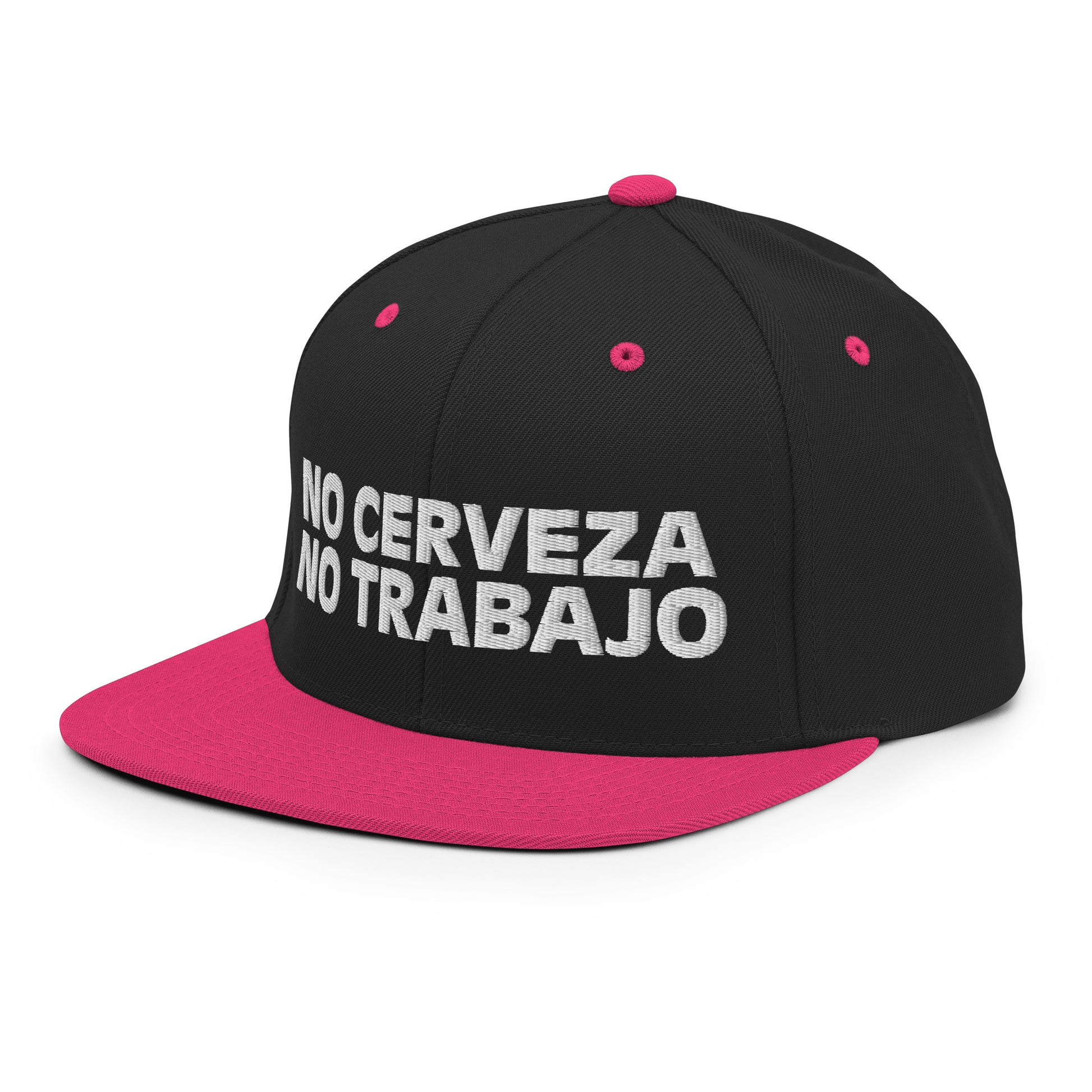 Black snapback hat with neon pink "No Cerveza No Trabajo" text, adjustable fit, inspired by a comedy starring a Chicano comedian. Perfect for men, includes "No Cerveza No Trabajo" meaning.