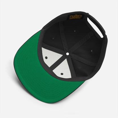 Interior view of the El Jefe snapback hat showing the green undervisor, adjustable plastic snap closure, and black crown.