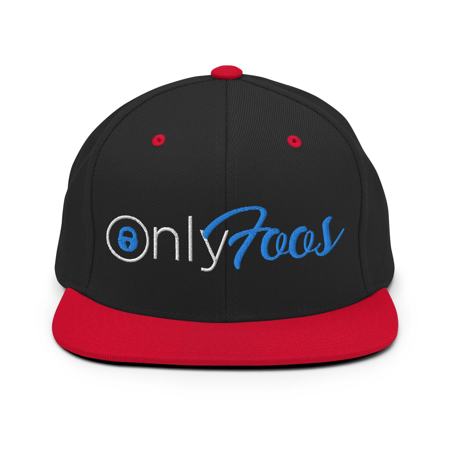 Black/Red snapback hat with "Only Foos" text, showing the structured six-panel high-profile design.