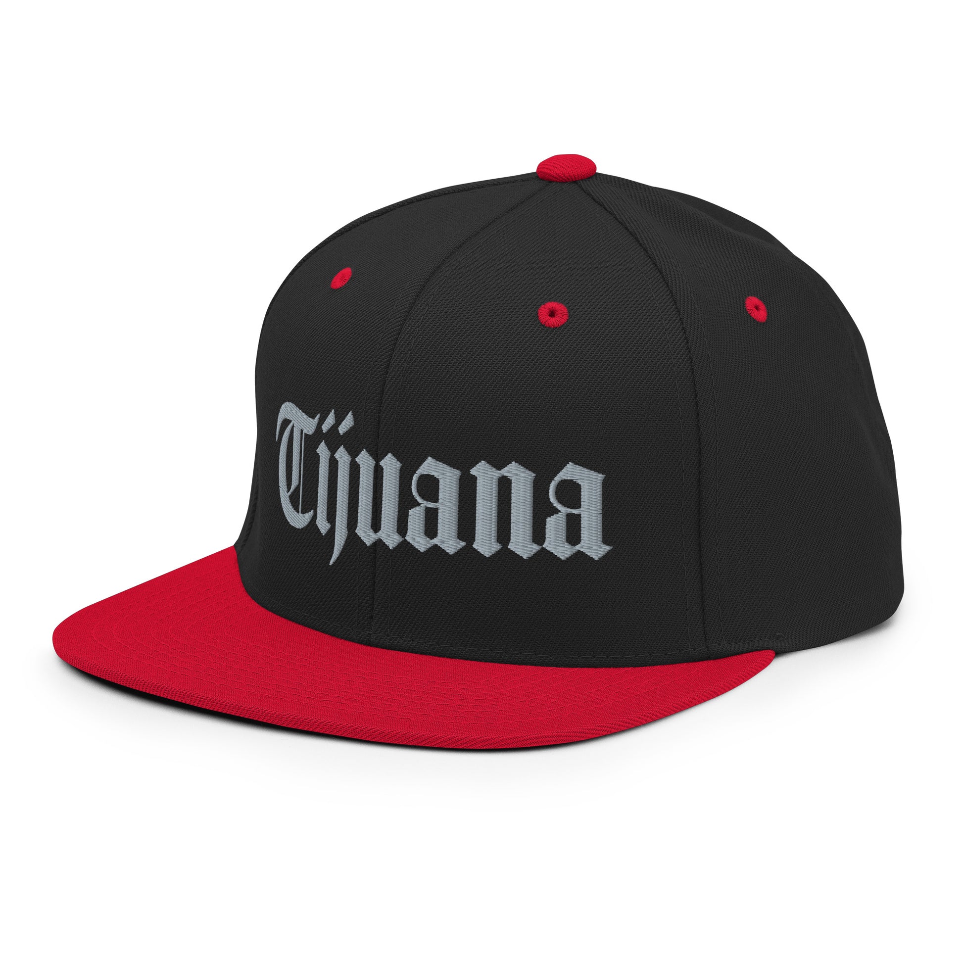 Black and Red snapback hat with "Tijuana" text in old English embroidery, adjustable fit, perfect for showcasing cultural pride.