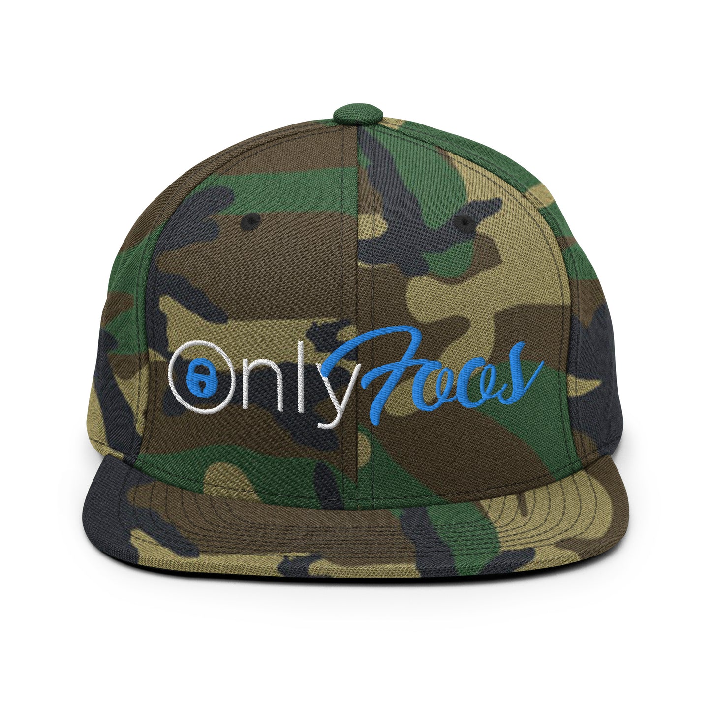 Green camo snapback hat with "Only Foos" text, adjustable fit, perfect for showcasing cultural pride.