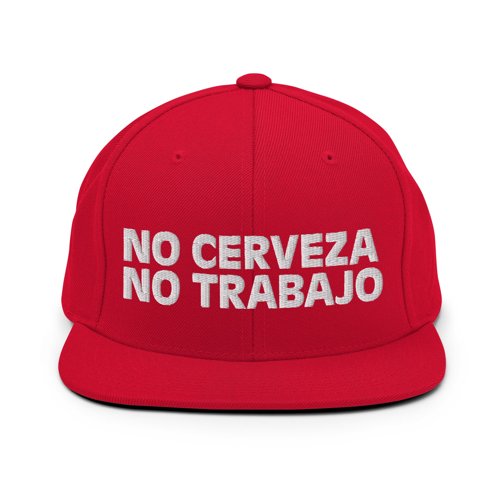 Red snapback hat with "No Cerveza No Trabajo" text in white, adjustable fit, inspired by a comedy starring a Chicano comedian. Ideal for men, showcases "No Cerveza No Trabajo" meaning.