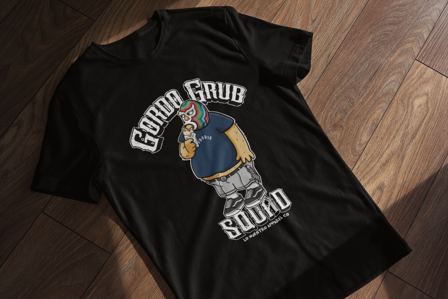 "Close-up of Gordo Grub Squad design on high-quality cotton shirt"