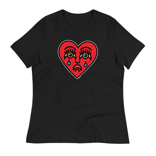 A black women’s t-shirt featuring a bold, vintage crying heart tattoo design, symbolizing love and resilience.