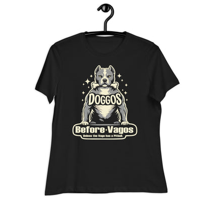 Doggos Before Vagos women’s t-shirt wrinkled fabric mockup on white background and on a hanger