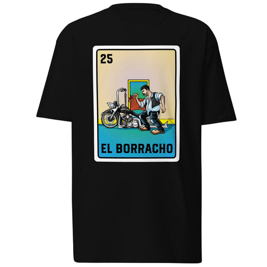 El Borracho Lotería T-Shirt – Chicano clothing inspired by the Mexican card game. Soft black tee featuring the classic El Borracho design, perfect for streetwear and fiestas.