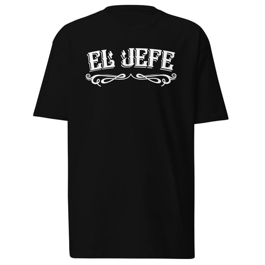 Black El Jefe T-Shirt with bold white lettering, designed for men who embrace Chicano boss style. Available in S-4XL.