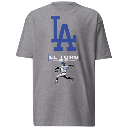 Carbon grey El Toro baseball tribute t-shirt featuring a pitcher graphic and bold blue LA lettering.