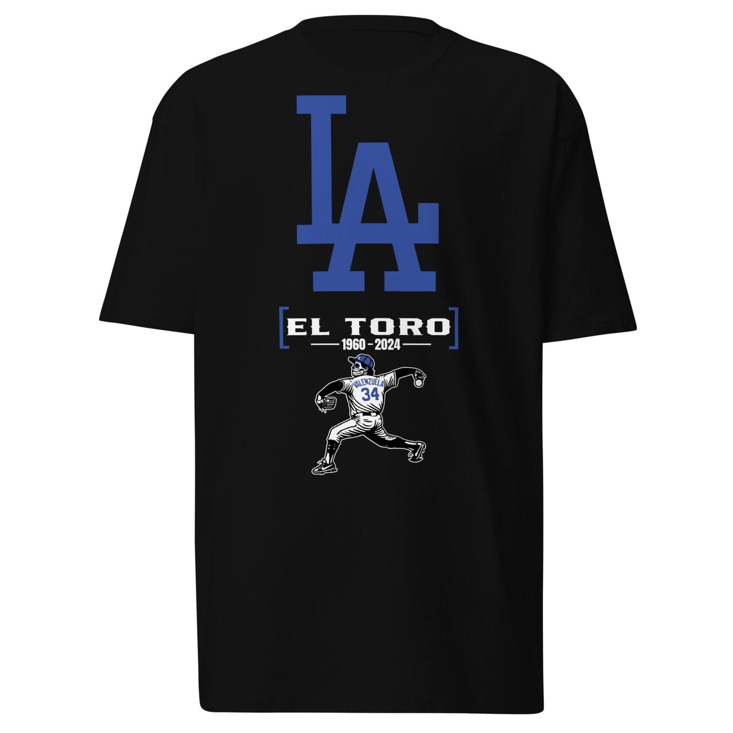 Black tribute t-shirt featuring an El Toro baseball graphic with a pitcher illustration and blue LA lettering.