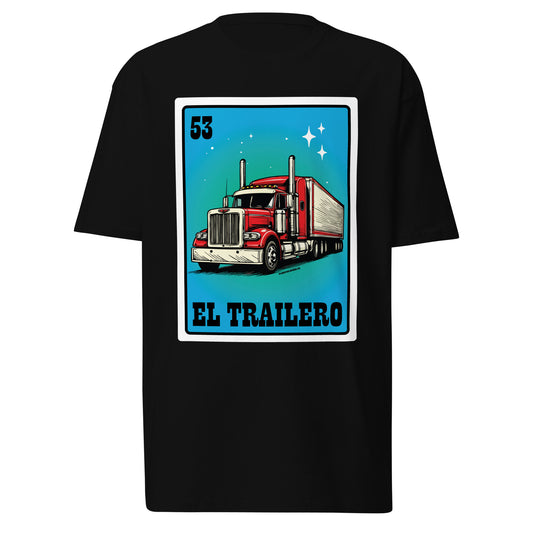 El Trailero Lotería t-shirt flat lay on white background showing semi truck graphic