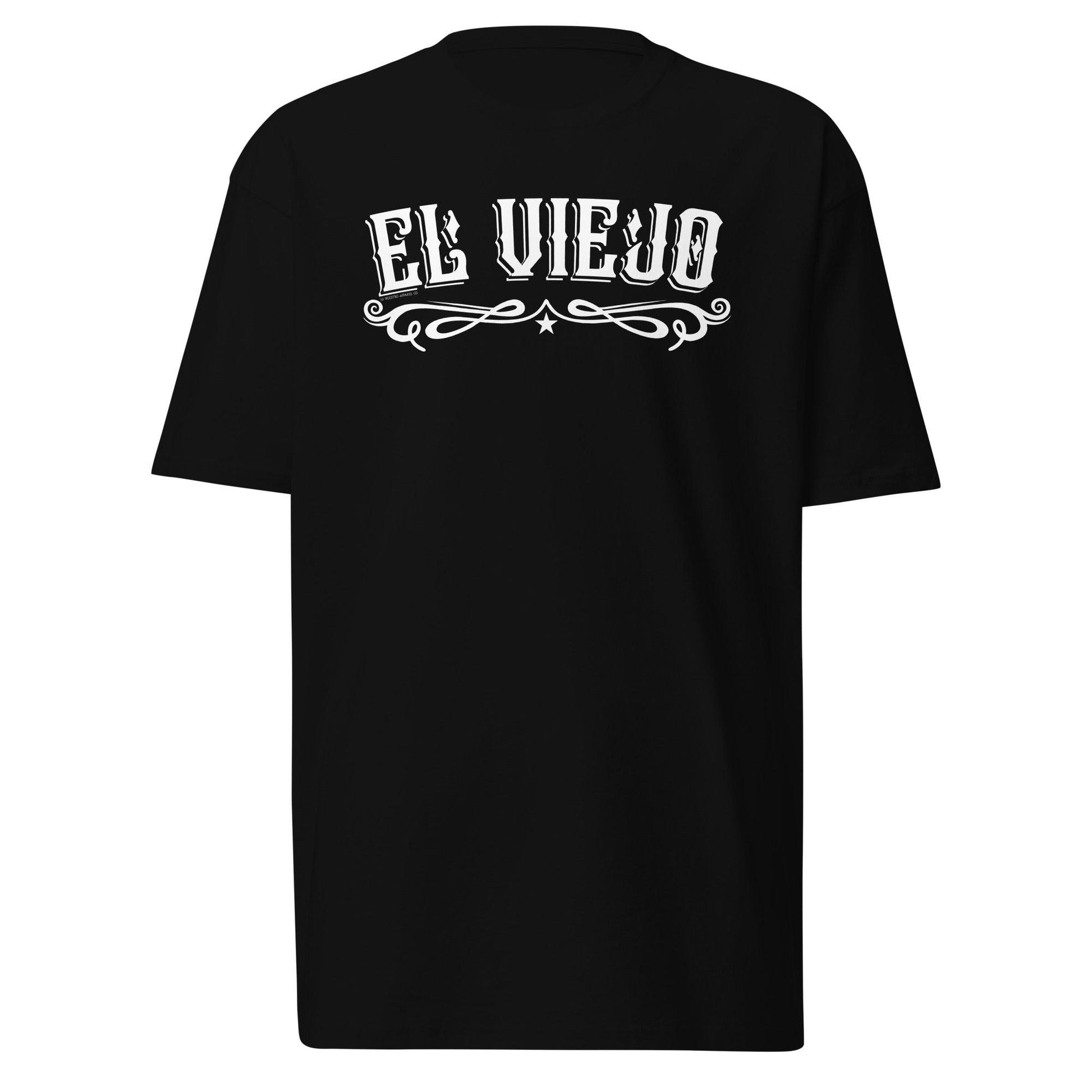El Viejo Chicano T-Shirt in black, featuring bold Old English font and classic ornamental details. A must-have for OG vatos.