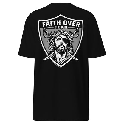 Back view of black Faith Over Fear Jesus shield t-shirt featuring large graphic print on white background