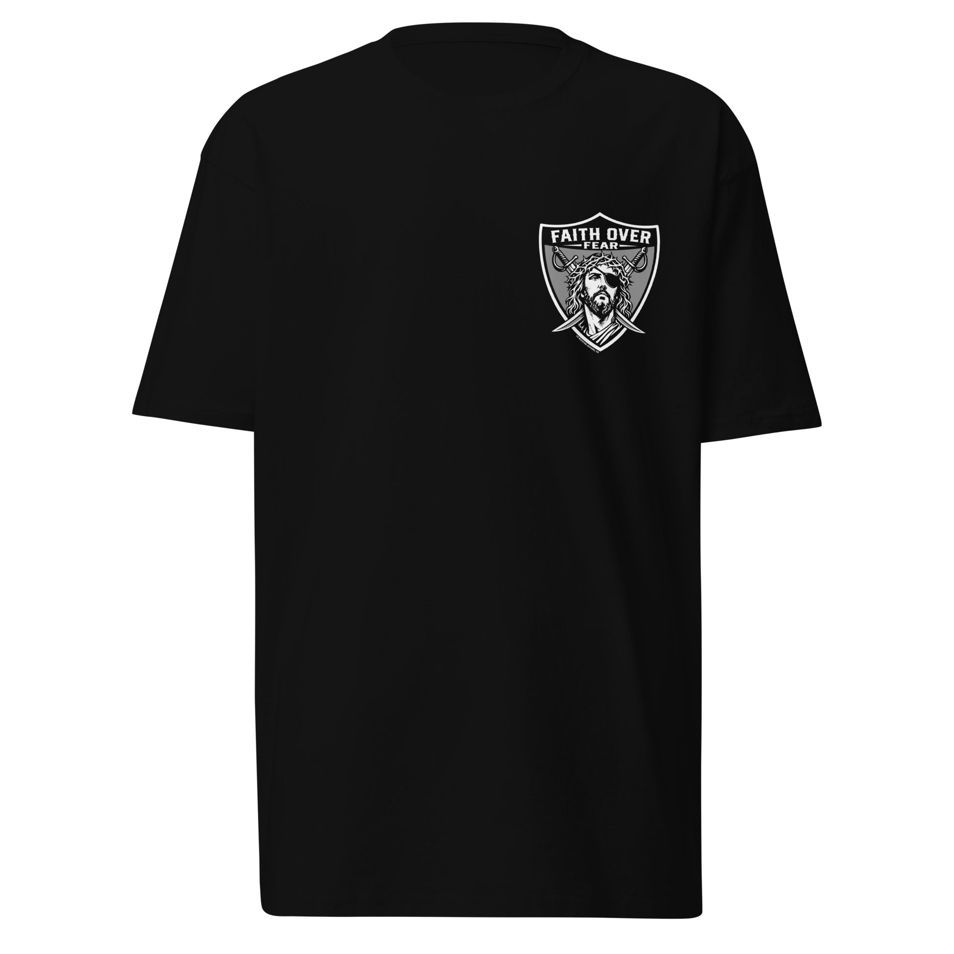 Front view of black Faith Over Fear Jesus shield t-shirt with small chest pocket graphic on white background.